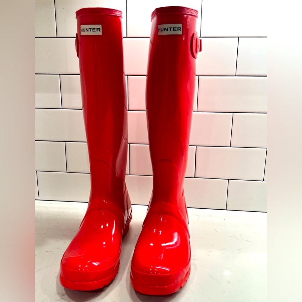 Hunter Boots Wellies Red Glossy Tall Women’s 6 Made In England Rain Boots